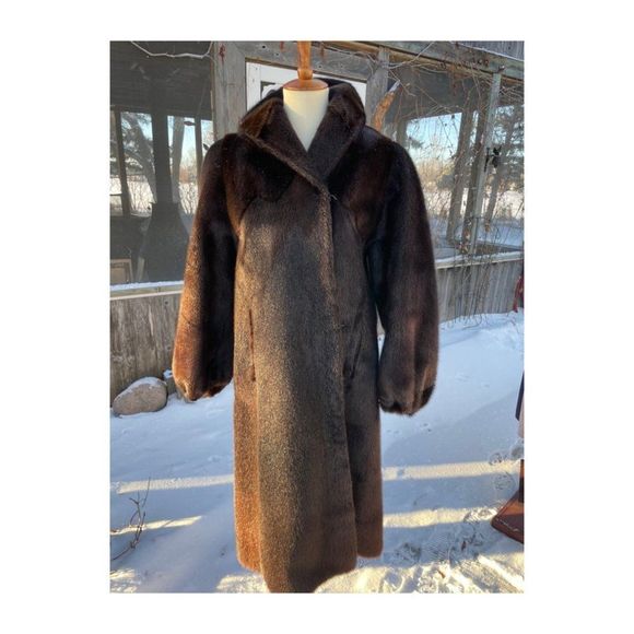 Vintage 50s Sheared Beaver Long Fur Coat Brown Balloon Sleeves Fuchsia Satin - Picture 1 of 16